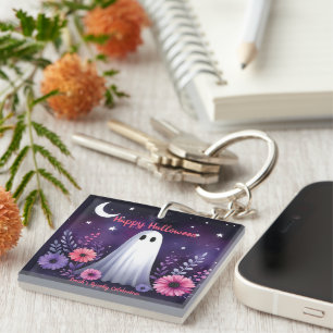 Llavero Fantasma caprichoso y floral fantasmagórico morado