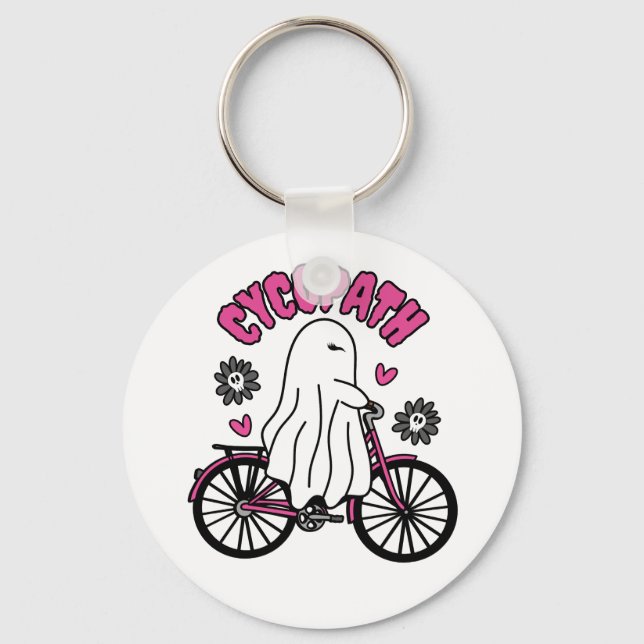 Llavero Fantasma de Cycopath Halloween en bicicleta rosa (Anverso)