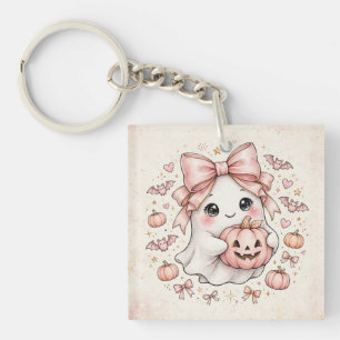 Llavero Fantasma de Halloween con Lazo Rosa Adorable