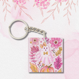 Llavero Fantasma de Halloween de color rosa pastel con flo