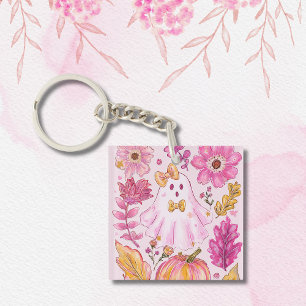 Llavero Fantasma de Halloween de color rosa pastel con flo