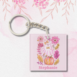 Llavero Fantasma de Halloween Rosa Pastel con Nombre Perso