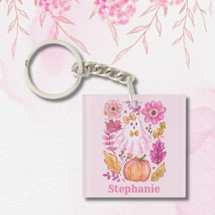 Llavero Fantasma de Halloween Rosa Pastel con Nombre Perso
