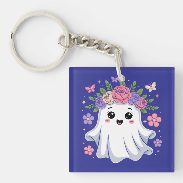 Llavero Fantasma floral cúpula Kawaii Fantasma Halloween (Frente)