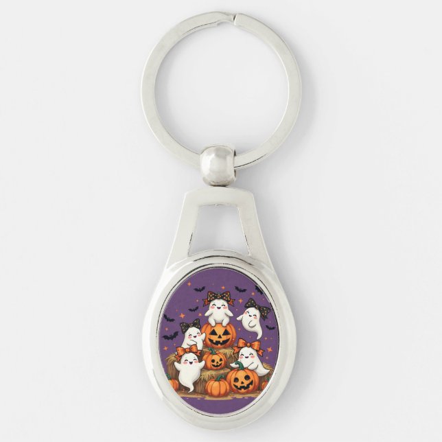 Llavero Fantasmas De Halloween En Coquette Bows & Pumpkins (Anverso)