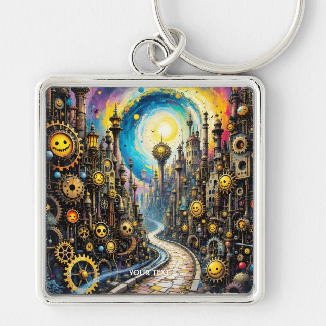 Llavero Fantasy Cute Resumen Ciudad Steampunk (Frente)