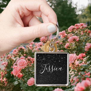 Llavero Faux Black Purpurina Bokeh Photo Personalizado