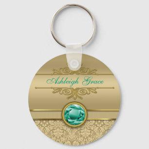 Llavero Faux Emerald Gemstone Metallic Shiny Gold Damask
