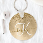 Llavero Faux Gold Brushed Metal Glitter Print Monogram<br><div class="desc">Easily personalize this trendy chic keychain design featuring pretty gold sparkling glitter on a gold brushed metallic background.</div>