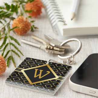 Llavero FAUX Gold Geometric Pattern  INITIAL only on BLACK