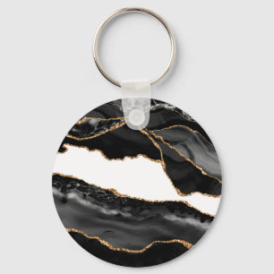 Llavero Faux Marbled Agate Black Stylish Stone Luxury Gold