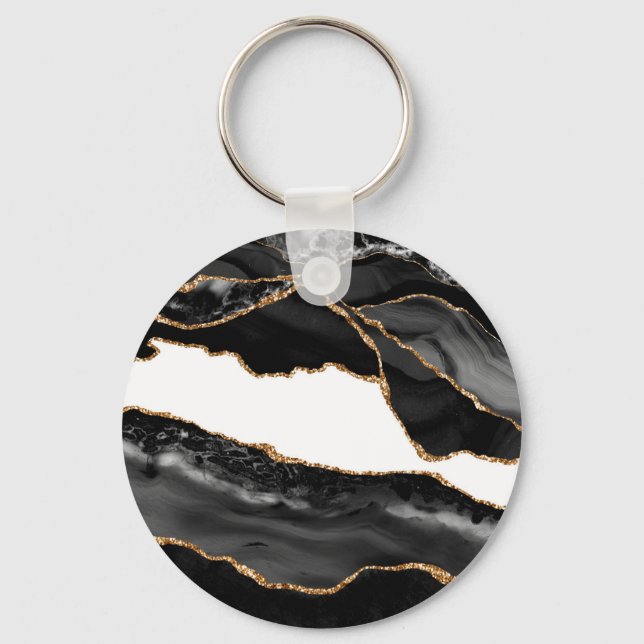 Llavero Faux Marbled Agate Black Stylish Stone Luxury Gold (Anverso)