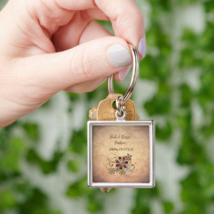 Llavero Favor de Boda con Nombre y Fecha Floral 