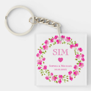 Llavero Favor de boda de corona floral rosa elegante con m
