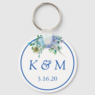 Llavero Favor de boda de monograma floral azul zafiro