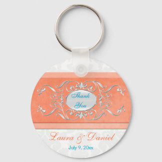 Llavero Favor de la boda de Coral, Aqua y Damasco Gris
