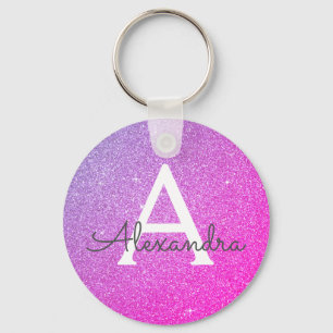 Llavero Favorito de monograma con brillo rosa y púrpura