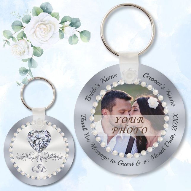 Llavero Favoritos de bodas baratas para invitados, diamant (Cheap bridal shower favors. Silver, Wedding Thank Yous with Photo. Diamond and Pearls Wedding theme.)