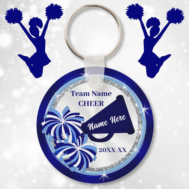 Llavero Favoritos de fiesta animadora, megáfono y poms de  (Cheap cheerleading gifts. Cheer squad party ideas. Blue and White, Cheerleading party favors. )