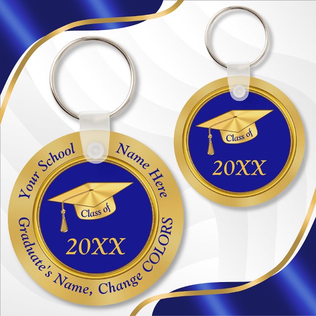 Llavero Favoritos del partido de graduación personalizado, (Blue and Gold Personalized, Cheap Class Reunion Gift Ideas. High School Reunion Favors. 2004, 2014)