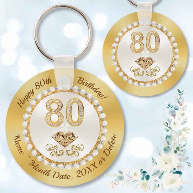 Llavero Favoritos espléndidos y personalizados para el cum (80th birthday party favors. Party favors for 80th birthday ideas. Gold and Ivory, 80th birthday)