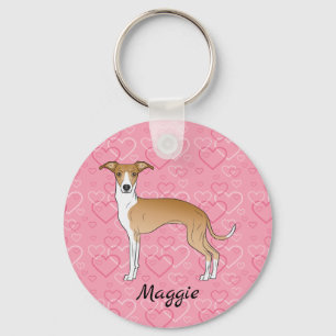Llavero Fawn And White Italian Greyhound On Pink Hearts