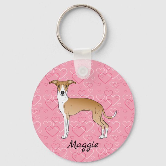 Llavero Fawn And White Italian Greyhound On Pink Hearts (Anverso)