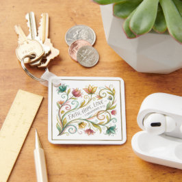 Llavero Fe Esperanza Amor floral personalizado