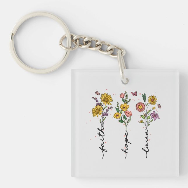 Llavero "Fe-Esperanza-Amor" | Inspirador diseño floral (Frente)
