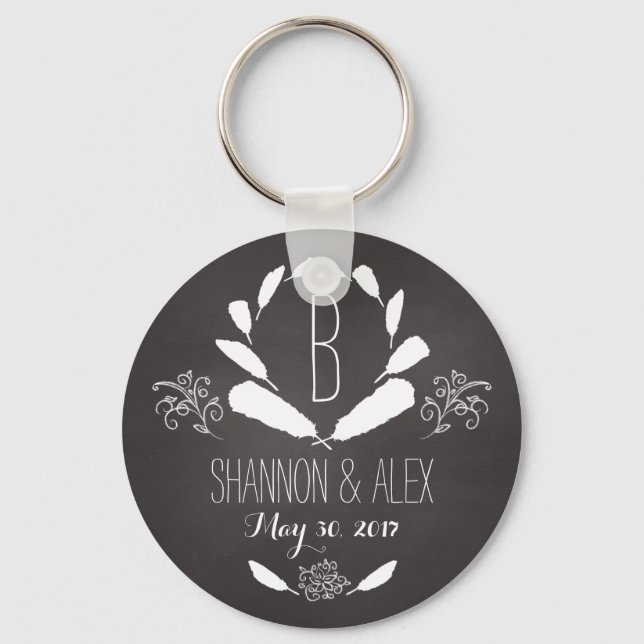 Llavero Feather Chalkboard Monograma Fecha Boda (Anverso)