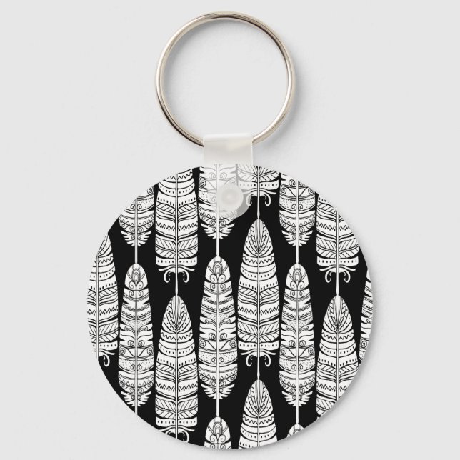Llavero Feathers boho: patrón blanco y negro (Anverso)