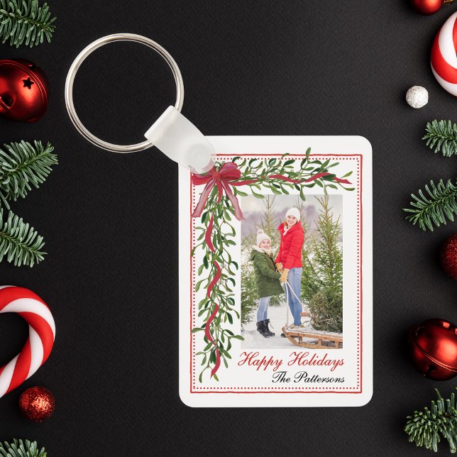 Llavero Felices fiestas Mistletoe Red Bow Family Photo (Subido por el creador)