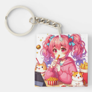 Llavero Felicidad del Anime: Chica, Patatas y Mascota
