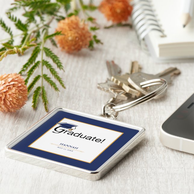 Llavero Felicitaciones Graduado, Gorra, Tassel, Azul, Oro (Lado)