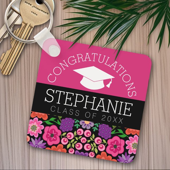 Llavero Felicitaciones Graduate Girly Flowers Graduation (Personalized keychain - Congratulations Graduate)
