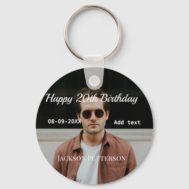 Llavero Feliz 20 cumpleaños foto simple añadir nombre fech (Anverso)