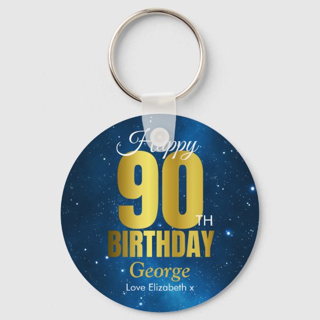 Llavero Feliz 90 cumpleaños, oro azul (Anverso)
