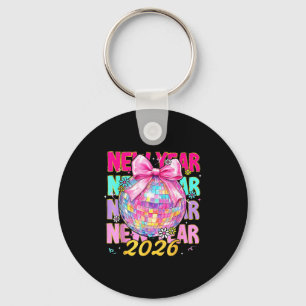 Llavero Feliz Año Nuevo 2026 Coquette Bow & Bola de Disco