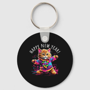Llavero Feliz Año Nuevo Fiesta bailando diseño de gato