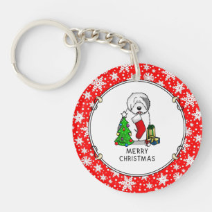 Llavero Feliz Árbol de Navidad 2 viejo perro de oveja ingl