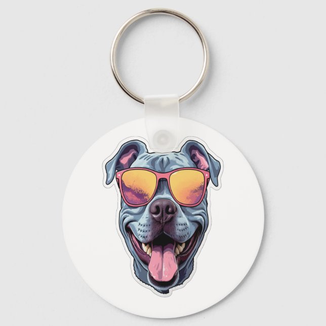 Llavero Feliz azul Pitbull con gafas de sol (Anverso)