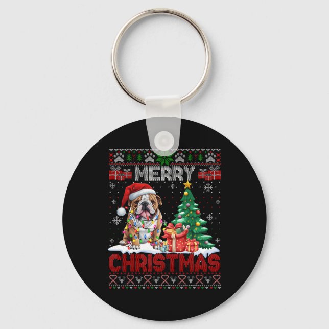 Llavero Feliz Bulldog navideño Perro Amantes Familia Feo X (Anverso)