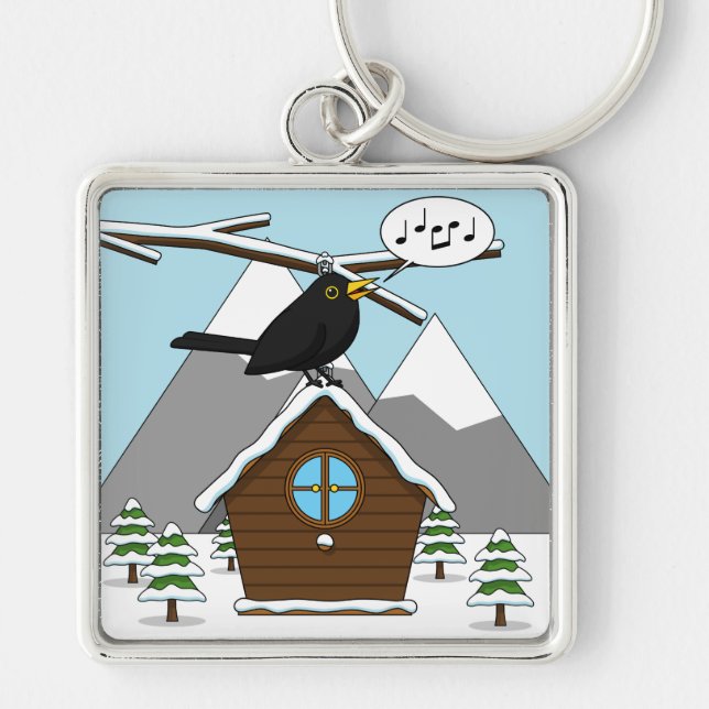Llavero Feliz Canto de Blackbird en el paisaje invernal (Frente)