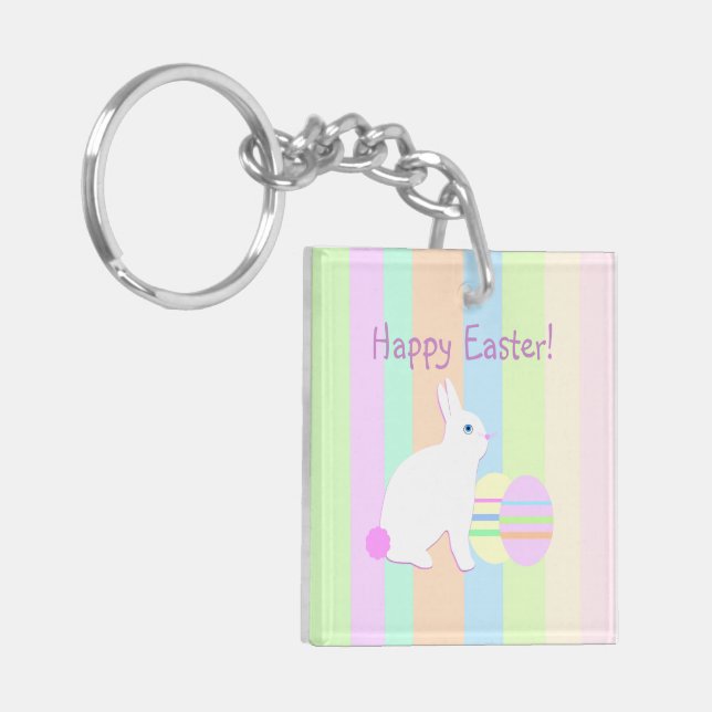 Llavero Feliz Conejo de Pascua y huevos a rayas (Frente Izquierda)