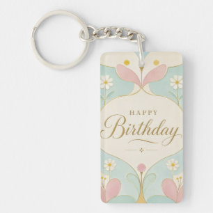 Llavero Feliz Cumpleaños Art Deco Floral Geométrico Pastel