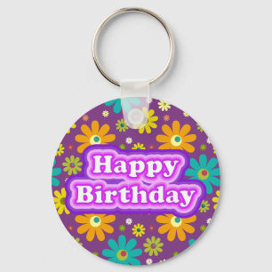 Llavero Feliz Cumpleaños Flores Hippie
