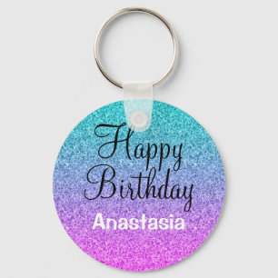 Llavero Feliz Cumpleaños Glam Ombre Rosa Azul Púrpura Bril