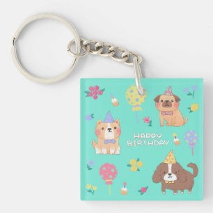 Llavero Feliz cumpleaños: perros, globos y flores
