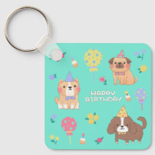 Llavero Feliz cumpleaños: perros, globos y flores