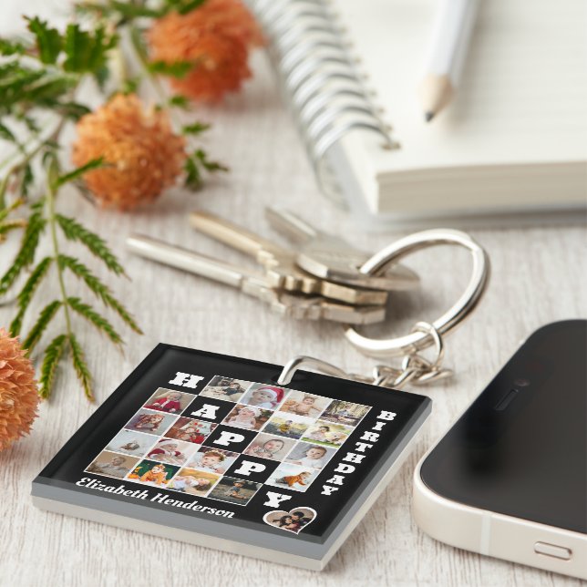 Llavero Feliz cumpleaños Personalizado 21 regalo de Collag (Frente Derecha)